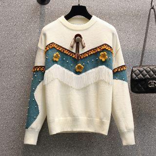 Floral-accent Embellished Fringed Sweater