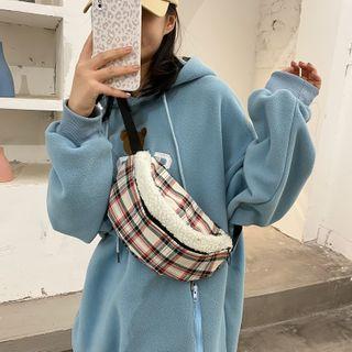 Fleece Panel Plaid Crossbody Bag