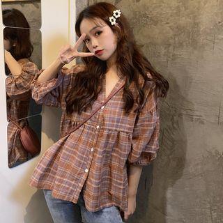 V-neck Short-sleeve Plaid Top