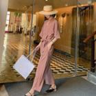 Elbow-sleeve Tie-waist Wide Leg Jumpsuit