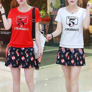 Set: Lettering Short Sleeve T-shirt + Printed A-line Skirt
