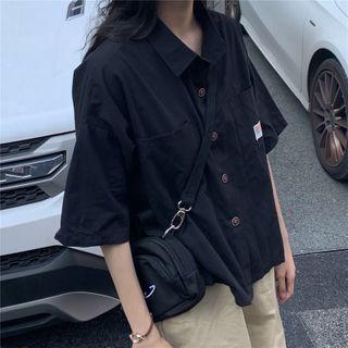 Elbow-sleeve Letter Applique Chiffon Shirt