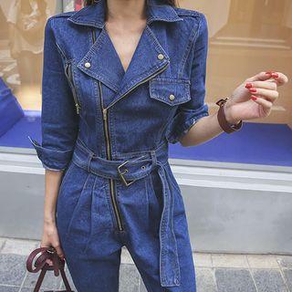 3/4-sleeve Belted Denim Biker Jumpsuit