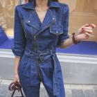 3/4-sleeve Belted Denim Biker Jumpsuit