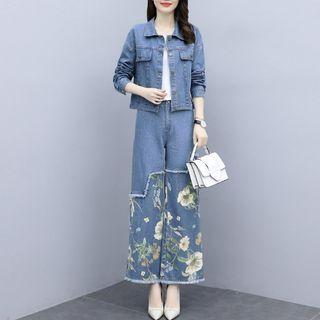 Set: Floral Denim Jacket + Wide Leg Jeans