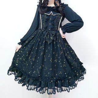 Long-sleeve Chiffon Blouse / Spaghetti Strap Constellations Print A-line Dress