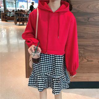 Gingham Panel Mock Two Piece Hooded Dress