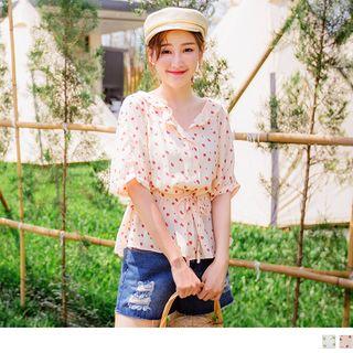 Leaf Print Drawstring-waist Chiffon Top