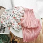 Set: Floral Print Blouse + High-waist Wide-leg Pants