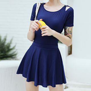Set: Open Back Short-sleeve Swimsuit + Swim Skirt + Swim Hat
