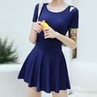 Set: Open Back Short-sleeve Swimsuit + Swim Skirt + Swim Hat
