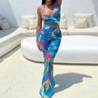 Set: Floral Print Halter-neck Cropped Top + Floral Print High-waist Pants