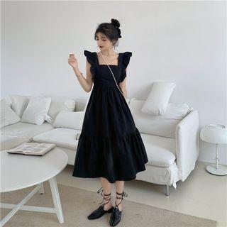 Sleeveless Square-neck Midi A-line Dress Black - One Size