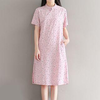 Floral Print Short Sleeve Mandarin Collar Dress