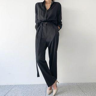 Belted Monotone Shirtwaist Jumpsuit