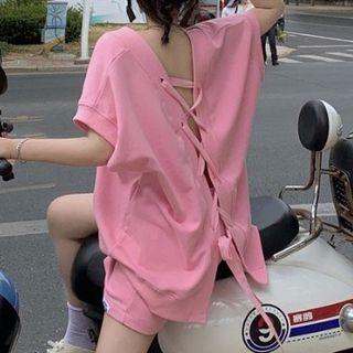 Set: Short-sleeve Lace-up Back T-shirt + Shorts Pink - One Size