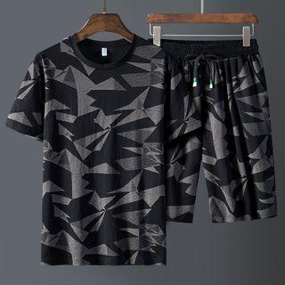 Set: Short-sleeve Print T-shirt + High-waist Drawstring Print Shorts (various Design)