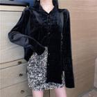 Bell-sleeve Velvet Shirt / High-waist Sequined Skirt