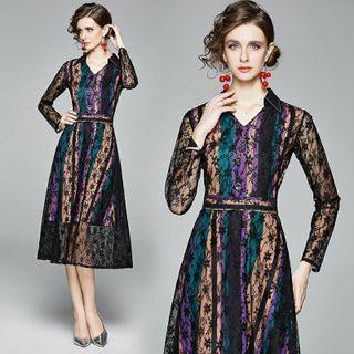 Color Block Lace Midi A-line Dress