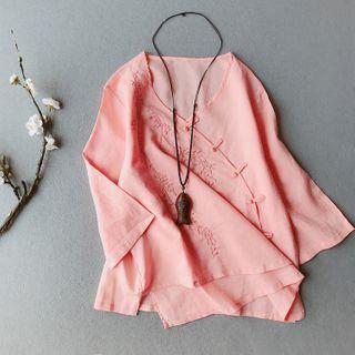 Long-sleeve Embroidered Frog-buttoned Linen Top