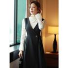 Button-detail Wrapped Long Pinafore Dress Black - One Size