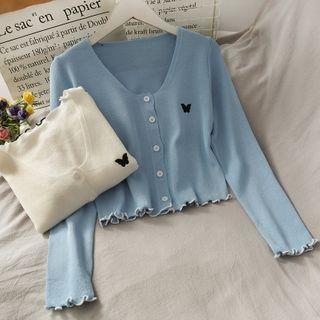 Butterfly-embroidered Ruffled-edge Button-down Knit Top