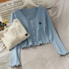 Butterfly-embroidered Ruffled-edge Button-down Knit Top
