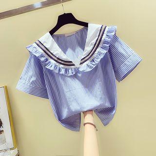 Sailor-collar Frill-hem Striped Blouse