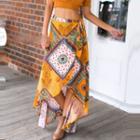 Color Block Print Irregular Hem Midi A-line Skirt