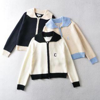 Long Sleeve Contrast-trim Lettering Zip-up Cardigan