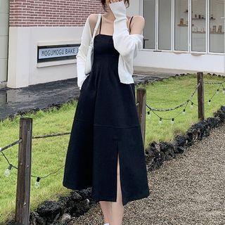 Sleeveless Plain Split Dress / Long-sleeve Plain Cardigan