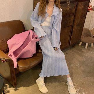 Set: Plain Button-up Jacket + Midi Skirt Set - Jacket & Skirt - Light Blue - One Size