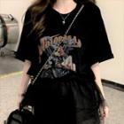 Elbow-sleeve Lettering Print T-shirt / Irregular Mesh Mini A-line Skirt