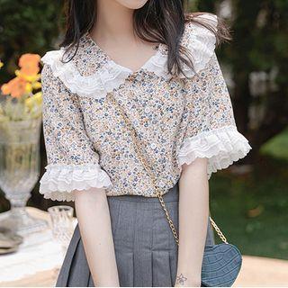 Short-sleeve Lace Trim Floral Blouse