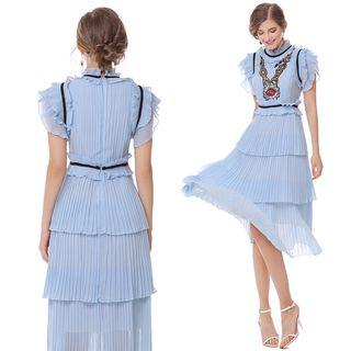 Short-sleeve Embroidered Tiered Midi Dress