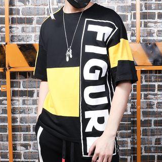 Elbow-sleeve Asymmetric Hem Letter T-shirt