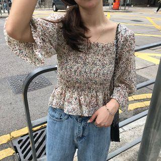 Elbow-sleeve Floral Smocked Top
