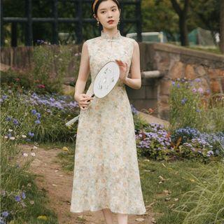 Set: Sleeveless Floral Midi A-line Qipao + Cape