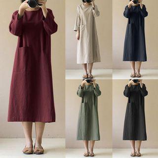Long-sleeve Pocket Detail Midi A-line Dress