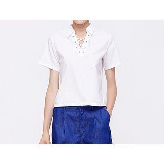 Lace Up Short-sleeve Collared Top