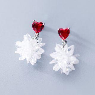 925 Sterling Silver Rhinestone Heart Snowflake Dangle Earring 1 Pair - White - One Size