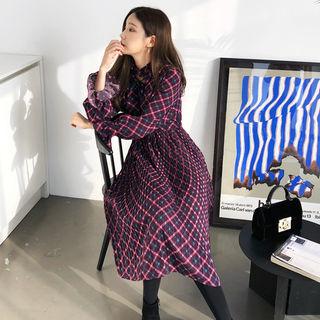 Brushed Fleece Lined Plaid A-line Dress Purple - One Size