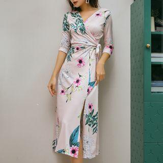 3/4-sleeve Floral Slit A-line Midi Dress