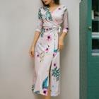 3/4-sleeve Floral Slit A-line Midi Dress