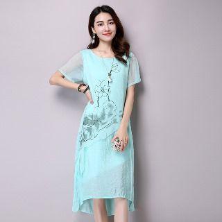 Short-sleeve Printed Layered Dress