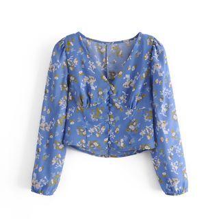 Long-sleeve V-neck Floral Cropped Blouse