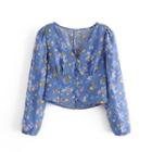 Long-sleeve V-neck Floral Cropped Blouse
