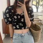 Cropped Butterfly Print Lace-up Puff-sleeve Top