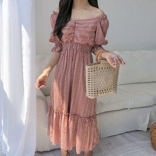 Off-shoulder Smocked-waist Gingham Dress