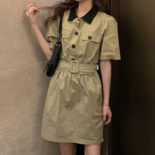 Short-sleeve Collar Mini Sheath Dress Khaki - One Size